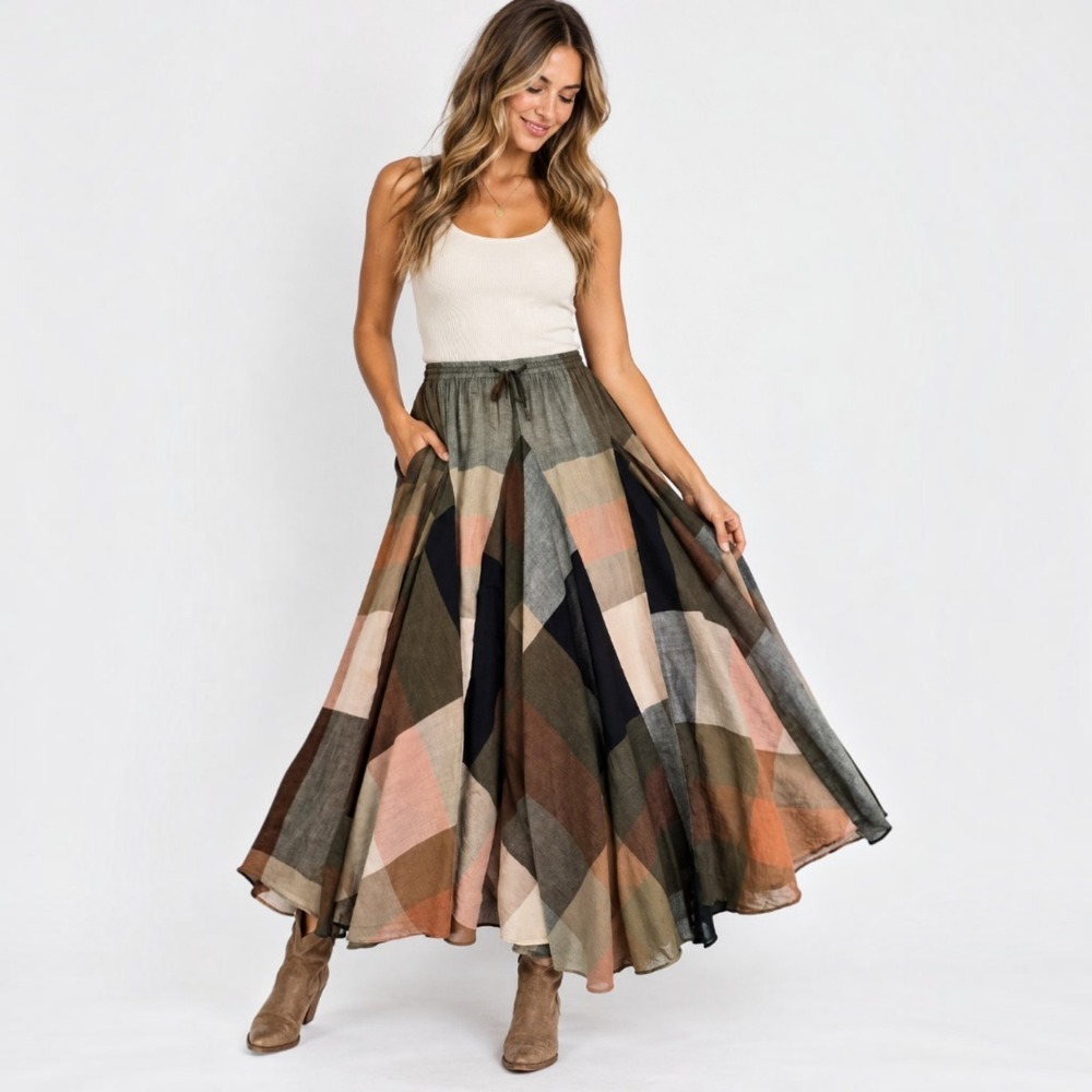 Grace Elements Patchwork Maxi Skirt M Cotton Lagenlook Boho Artsy Flowy